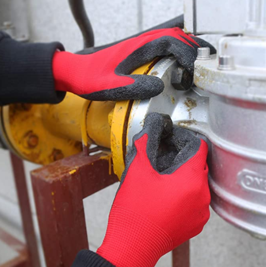 13 gauge RED nylon & spandex shell, with BLACK sandy nitrile coated palm coated - 144 pairs